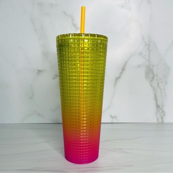 Starbucks Summer 2022 Lemon Yellow Pink Gradient Ombre Grid 24oz Venti Tumbler - Picture 4 of 5